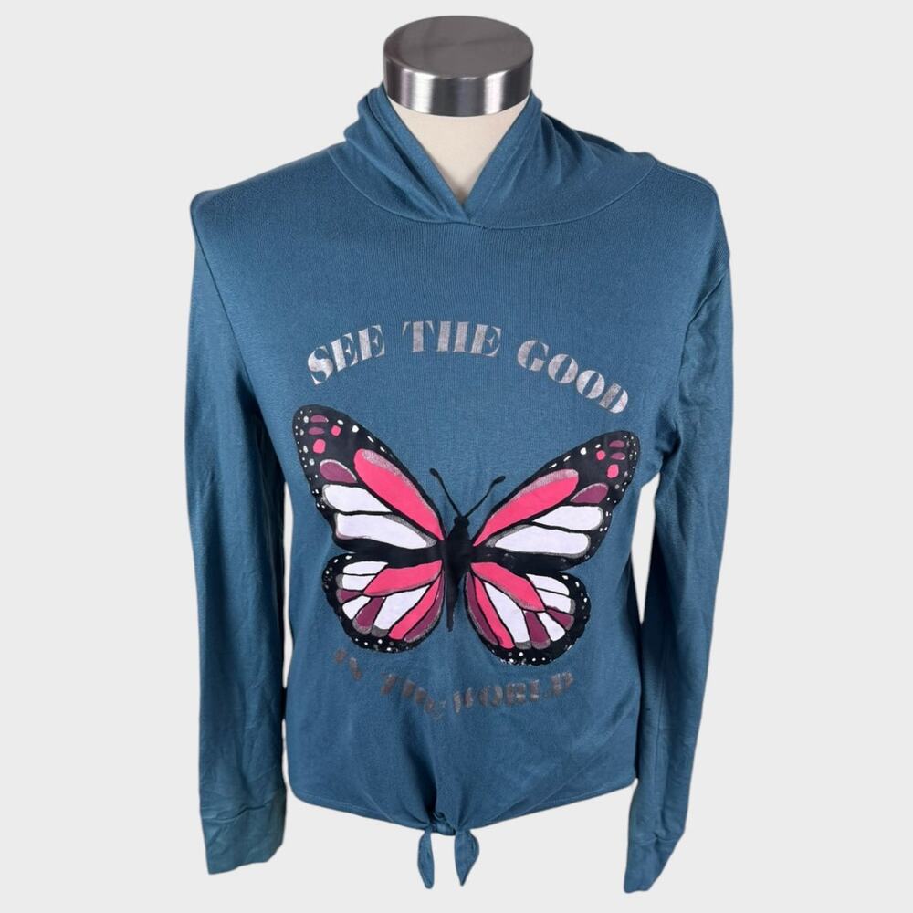 SO Juniors XL See the Good in the World Butterfly Hooded TShirt Blue Green
